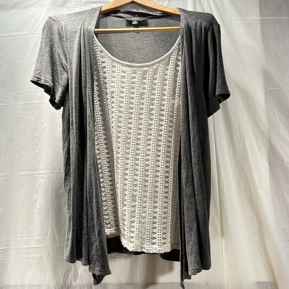 Womens Top Naif Dark Gray Jacket Built In White Open Front Size M Short Sleeve